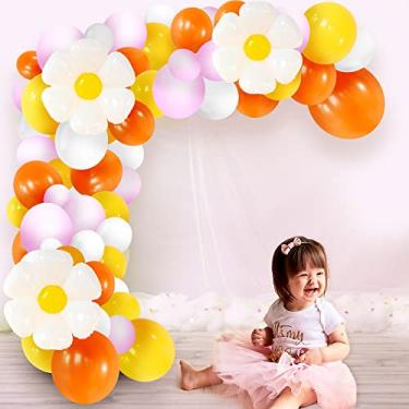 Imagem de Kit de guirlanda de balões de margaridas enorme – Pacote com 131 | Balões de margarida, 76 cm com balões de látex laranja, branco, amarelo e rosa | Balões de flores descoladas, decorações de festa de margaridas | Decoração de festa temática de margaridas