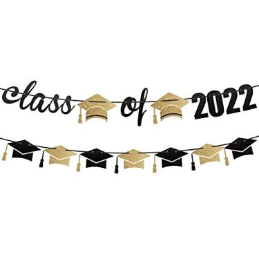 Imagem de Banner da turma de 2022 preto e dourado - 10 pés, não faça você mesmo | Banner de graduação 2022 com guirlanda de boné de graduação | Decoração de formatura 2022 | Aula de decorações de formatura 2022 | Banner de boné de formatura 2022