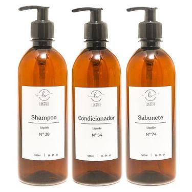 Imagem de Kit Frasco Ambar 3 Pçs Shampoo Condicionador Sabonete Luxo Retro 500Ml