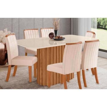 Imagem de Conjunto: Mesa de Cozinha Solana SC68 Tampo Madeirado c/ Vidro Canto Curvo 160x90cm e 6 Cadeiras Tauá Nature/Linho - Henn
