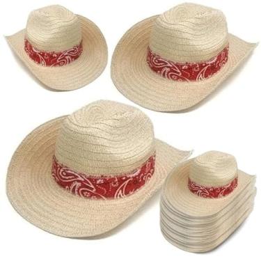 Imagem de Podzly Chapéus de cowboy de palha de 12 e 72 peças - Chapéu de cowboy ocidental elegante para homens e mulheres - Acessório ideal para festa de verão vermelho