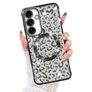 Imagem de Fiyart Capa projetada para Samsung Galaxy S24, compatível com MagSafe Cheetah Print Plating Proteção da câmera Clear Magnetic Glitter Leopard Phone Bumper para mulheres e meninas 15,5 cm - Preto