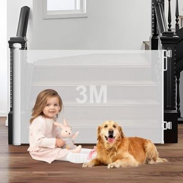 Imagem de 3m Portão Grade Retrátil de Proteção para Bebês e Cachorros, Portaozinho de Escada Instalação Sem Furos, Trava Dupla,Operação com uma mão,Portao Segurança Bebê Pet, Cercado para Cachorros