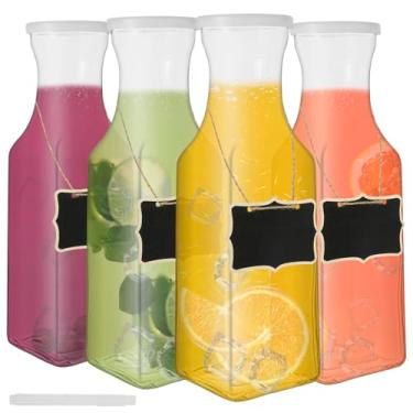 Imagem de Pacote com 4 jarras de vidro com tampa, recipientes quadrados de suco de 1 L com etiquetas de nome, jarra de vidro transparente para bar Mimosa, utensílios para servir garrafa, garrafa de água para