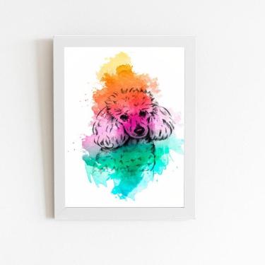 Imagem de Poodle Cachorro Arte Laranja Quadro Moldura Branca 60X40Cm