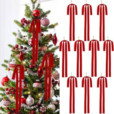 Imagem de Moiegouct 10 pacotes de laços vermelhos de Natal longos enfeites de veludo para decorações de árvore de Natal vintage, laço de fita grande para grinalda de escada, guirlanda de lareira, ótima