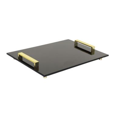 Imagem de Bandeja Preta Em Vidro Com Puxador Alça Dourado