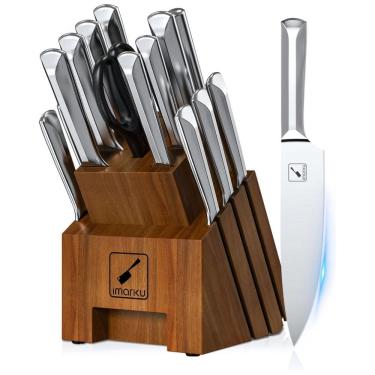 Imagem de Conjunto de Facas Imarku em Aço Inoxidável com Bloco de Bancada Multinível e Afiador Embutido, 16 Peças, Prata