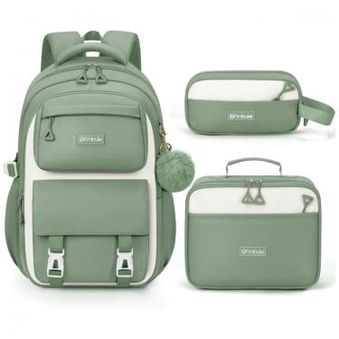 Imagem de Mochila escolar Fimibuke infantil juvenil verde, conjunto 3 peças com lancheira térmica e estojo, impermeável