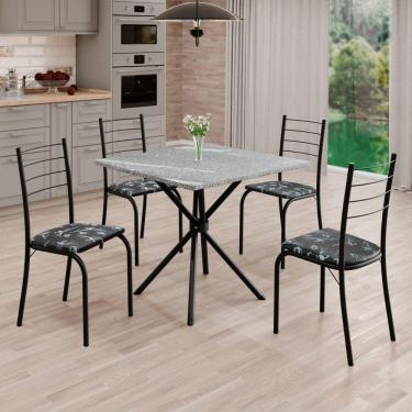 Imagem de Conjunto Sala de Jantar Mesa Quadrada 70x70cm Tampo Granito Topázio 4 Cadeiras Rio Preto Floral / Preto Fosco