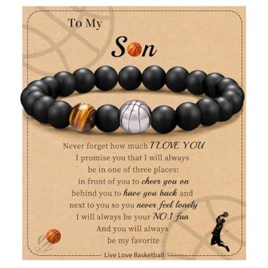Imagem de Futebol Beisebol Basquete Presentes de Futebol Masculino Pulseiras com Contas Natural Olho de Tigre Pulseira Masculina Aniversário Presentes de Formatura para Filho Neto Bônus Filho Namorado Irmão,