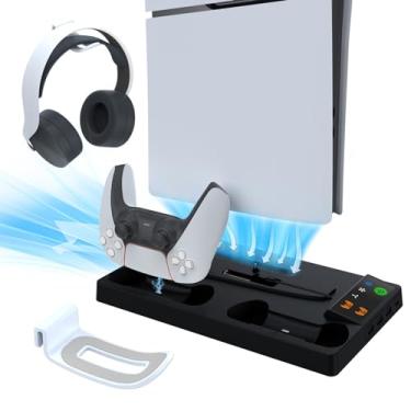 Imagem de Suporte de estação de resfriamento para PS5 Slim, estação de carregamento de controlador duplo, ventilador de resfriamento de 3 estágios, 3 hubs USB, suporte para fone de ouvido. (preto)