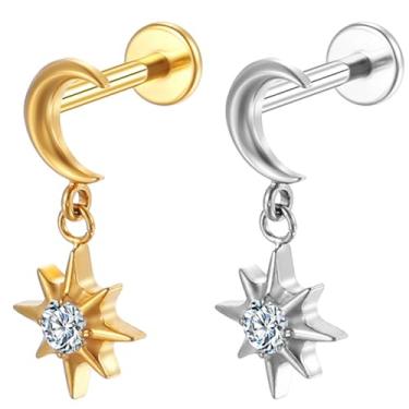 Imagem de LOMISS Piercing Labret Helix Tragus Conch Nariz Boca Medusa Titânio Pvd Lua Com Pingente Estrela Zircônia (Dourado)