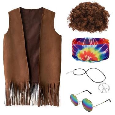 Imagem de ACTLATI Conjunto de fantasia hippie dos anos 60 para homens, colete com franja, peruca, tie-dye, faixa de cabeça, colar de sinal de paz, óculos de sol para festa de Halloween