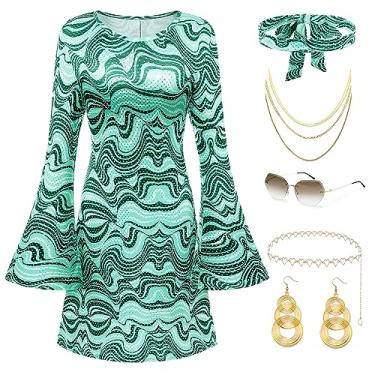 Imagem de Coucoland Roupas femininas para discoteca dos anos 70 - vestido hippie dos anos 60, acessórios de festa, conjunto de óculos de sol, faixa de cabeça verde