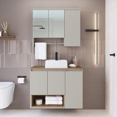 Imagem de Conjunto para Gabinete Suspenso 80cm com Cuba e Espelheira 3 Portas com Toalheiro Olívia Mel/Arenas