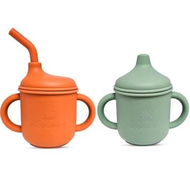 Imagem de HippoBaby Copo com bico de transição de silicone para crianças a partir de 6 meses | Inclui 1 copo de canudo infantil e 1 copo com alças de 142 g | Perfeito para desmame de bebês (outono/menta, 142 g)