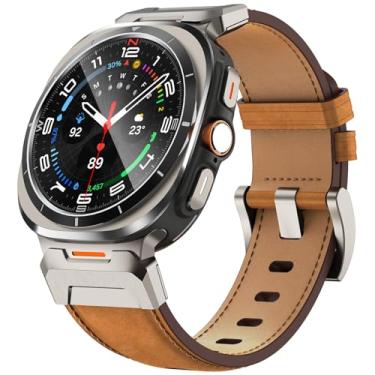 Imagem de FULLIFE Pulseiras de couro compatíveis com Samsung Galaxy Watch 7 Ultra de 47 mm, conector de metal de aço inoxidável resistente, pulseira de couro genuíno alargado para Samsung Watch Ultra 7,