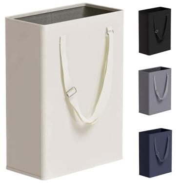 Imagem de TECHMILLY Cesto de roupa suja fino com alças longas ajustáveis, cestas pequenas de 45 L com parte superior de malha, cesto de roupa sujo estreito para quarto, armário e banheiro - bege