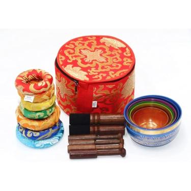 Imagem de Sanskar Nepal - Conjunto de 7 tigelas de canto tibetanas, tigelas de canto feitas à mão para meditação e cura holística, acessórios de ioga, tigelas de canto multicoloridas de 7,6 a 12,7 cm com