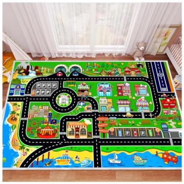 Imagem de YSYTLCL Tapete de carro infantil para brinquedos de carros, tapete educativo, para sala de jogos, quarto de criança, decoração de quarto, tapete de área, ótimo presente para meninos e meninas (verde