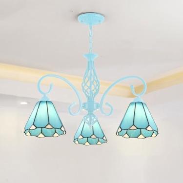 Imagem de DOPZNJWF Lustre estilo Tiffany de 3 luzes com cúpula de vitral azul, luminária pendente vintage, luminária de teto moderna para sala de estar, quarto, hotel