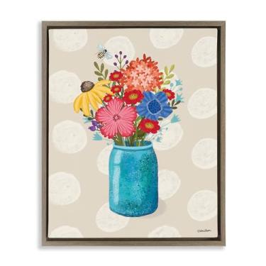 Imagem de Stupell Industries Vaso de flores de bolinhas emoldurado em tela flutuante design de arte de parede por Lori Deiter, moldura flutuante marrom, 64 x 78 cm