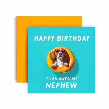 Imagem de Huxters Cartão de feliz aniversário sobrinho engraçado - Cartão de presente incrível cachorro na piscina para ele cartão para sobrinho - 14,8 cm (sobrinho)