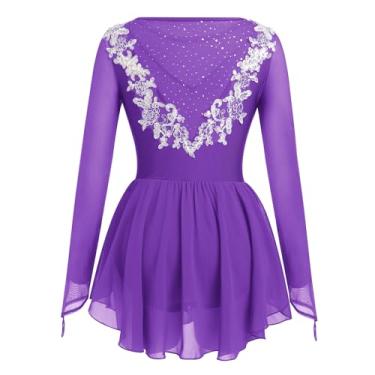 Imagem de Vestido feminino de patinação no gelo, manga comprida, traje de patinação artística, collant de ginástica rítmica, saia de chiffon brilhante, Renda roxa, G