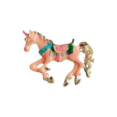 Imagem de Broche elegante de cavalo rosa esmaltado para mulheres meninas homens engraçado cristal criativo zodíaco chinês corrida pônei animal lapela cachecol alfinetes terno casaco roupas emblemas corsage