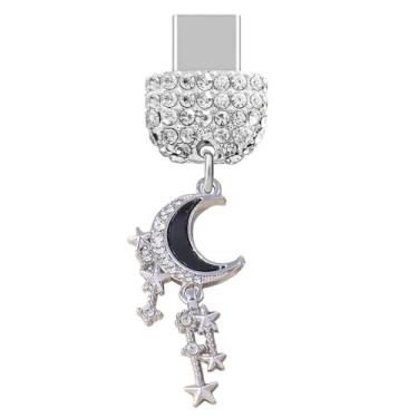Imagem de ELISE & FONDA TP535 Tipo-C porta de carregamento cristal antipoeira pingente de celular lua pequena e estrelas para iPhone 15/16/Samsung/OnePlus/Xiaomi/oppo telefones Android (preto), approx. 1.9 cm
