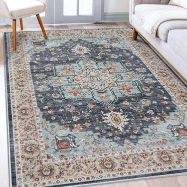 Imagem de Tapete de área oriental lavável – tapetes para sala de estar, tapete macio para quarto, impermeável, floral, envelhecido, resistente a manchas, resistente a manchas (azul/azul-petróleo/laranja, 12 x
