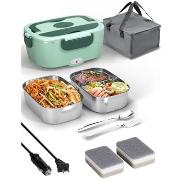 Imagem de Lancheira elétrica aquecida para homens, aquecedor de alimentos portátil de 1,5 litro para adultos com 2 recipientes de aço inoxidável 80 W lancheira autoaquecida para carro, caminhão, lonchera