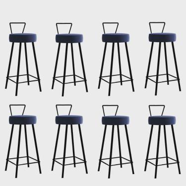Imagem de Kit 08 Banqueta Alta Com Encosto Tais Eiffel Cozinha Bar Bistrô Ferro Preto Sintético Azul Marinho - Ahz Móveis
