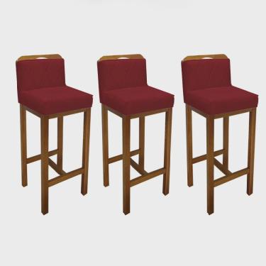 Imagem de Kit 03 Banqueta Alta Com Encosto Simon Cozinha Balcão Bistrô Base Madeira Rústico Suede Vermelho - Ahazzo Móveis