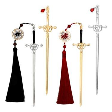Imagem de 4 marcadores de livro de espada Katana com borla e pingente, marcadores vintage de metal prateado e dourado para amantes de livros, acessórios de leitura exclusivos, aniversário, professor, presente
