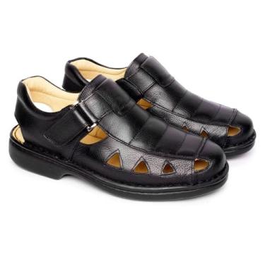 Imagem de Sandália Masculina Couro Legítimo Franca Brasil | Palmilha Anatômica com Amortecedor para Esporão de Calcâneo | Solado Antiderrapante | Leve e Confortável | 36 ao 44 (PRETO, BR, Adulto, Numérico, 44)