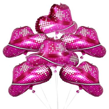 Imagem de Deermon Chapéu de cowboy rosa choque balão de folha de hélio, discoteca brilhante ocidental grandes chapéus de vaqueira balões para meu primeiro rodeio festa de aniversário chá de bebê decoração de