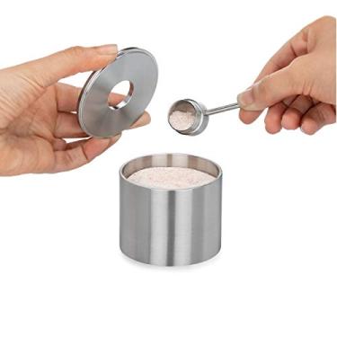 Imagem de Grind Gourmet Saleiro, potes de especiarias de aço inoxidável, potes de tempero de armazenamento com suporte de aço inoxidável sólido (4 cm, prata)