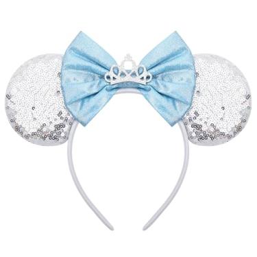 Imagem de ODOCARE Tiara de orelhas de rato feita à mão para mulheres e meninas, laço com glitter, acessórios de fantasia Minnie Ears, 01 Coroa de glitter prata, 1 Count (Pack of 1)