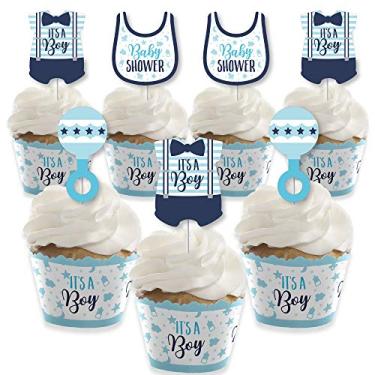 Imagem de Big Dot of Happiness It's a Boy – Decoração de cupcake – Kit de embalagem azul para chá de bebê e palitos de petiscos – Conjunto de 24