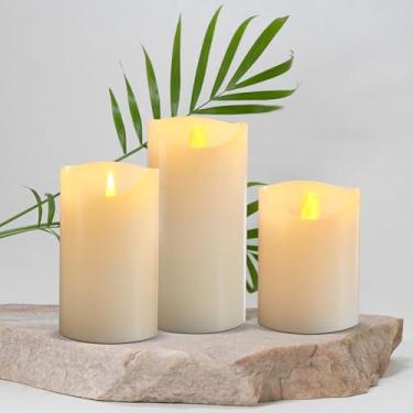 Imagem de Furora LIGHTING Conjunto de 3 velas pilares de LED com chama em movimento operadas por pilhas, sem cheiro, cera cintilante, sem chama, com ciclo de repetição, temporizador de 6/18, velas de pilar marfim, tamanhos variados para decoração de casa
