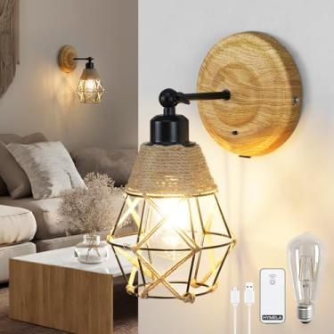 Imagem de HYMELA Arandelas de parede operadas a bateria N06 com luzes de arandela recarregáveis remotas sem fio com arandelas tecidas à mão, luminárias para quarto e sala de estar (lâmpada incluída)
