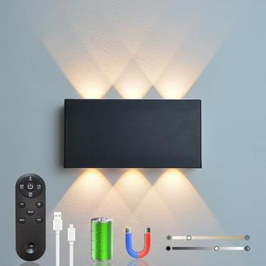 Imagem de Shelprojsu Arandela de parede LED sem fio, lâmpada de parede recarregável operada por bateria de 5200 mAh com controle remoto, 3 cores e luz de parede magnética regulável sem fio (preta, 1)