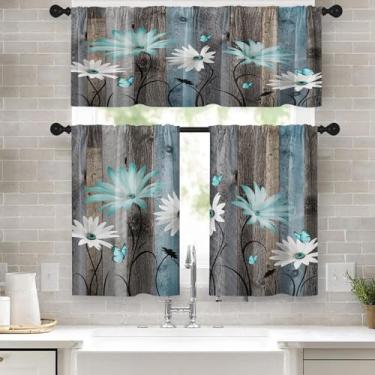 Imagem de Tayney Farmhouse Cortinas de janela de cozinha floral conjunto de saia e camadas 91 cm, azul-petróleo e branco vintage margaridas 3 peças cortina de camada curta para banheiro, cortinas country para