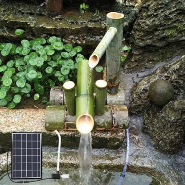 Imagem de Fonte de água solar de bambu natural, característica de cascata de jardim decorativa ao ar última intervenção com painel solar, fonte de bambu, bico japonês, 100 % feito à mão