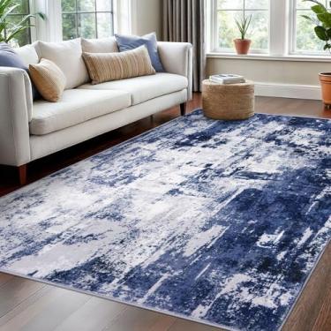 Imagem de KOZYFLY Tapetes abstratos modernos 12 x 18 cm, azul marinho, lavável à máquina, tapete antiderrapante para sala de estar, tapete de escritório macio de lã sintética para sala de jantar, quarto,