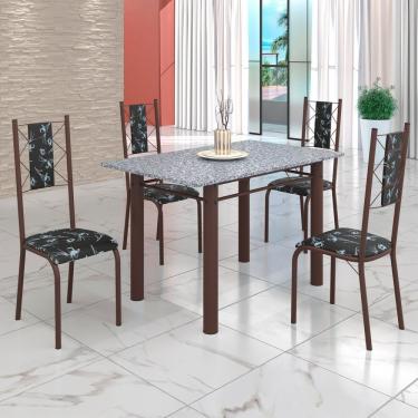 Imagem de Conjunto Sala De Jantar Mesa Tubo 120x75cm Tampo Pedra Granito Ocre C-4 Cadeiras Preto Floral-marrom