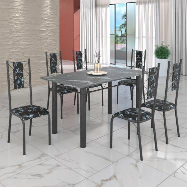 Imagem de Conjunto Sala De Jantar Mesa Tubo 3" 140x75cm Tampo Pedra Granito C-6 Cadeiras Preto Floral - Mart
