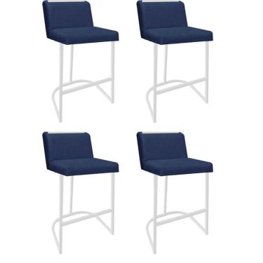 Imagem de Kit 04 Banquetas Com Encosto Confort Bistrô Cozinha Ferro Branco Linho Azul Marinho Amey Decor